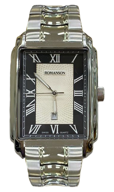 Romanson TM8904MW(BK) мужские наручные часы романсон, прямоугольный черно-белый циферблат, стальной серебряный корпус и браслет. Римские цифры, дата
